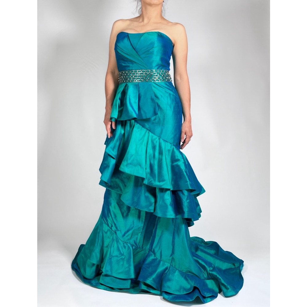 Women's JOVANI Silk Teal Mermaid Prom Jewelled Dress Size 12 - Picture 4 of 17